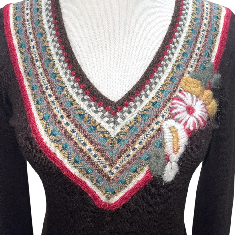 Vintage Kenzo Embroidered Sweater Med Fair Isle V-Neck Floral Appliqué Mohair - Picture 3 of 8